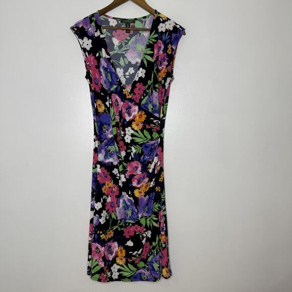 Ralph Lauren Dress Womens Medium Black Floral Sleeveless V Neck Stretch Spring - Picture 1 of 7